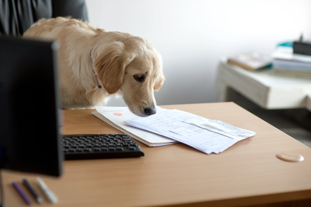 Cute dog yellow labrador golden retriever working in the modern office