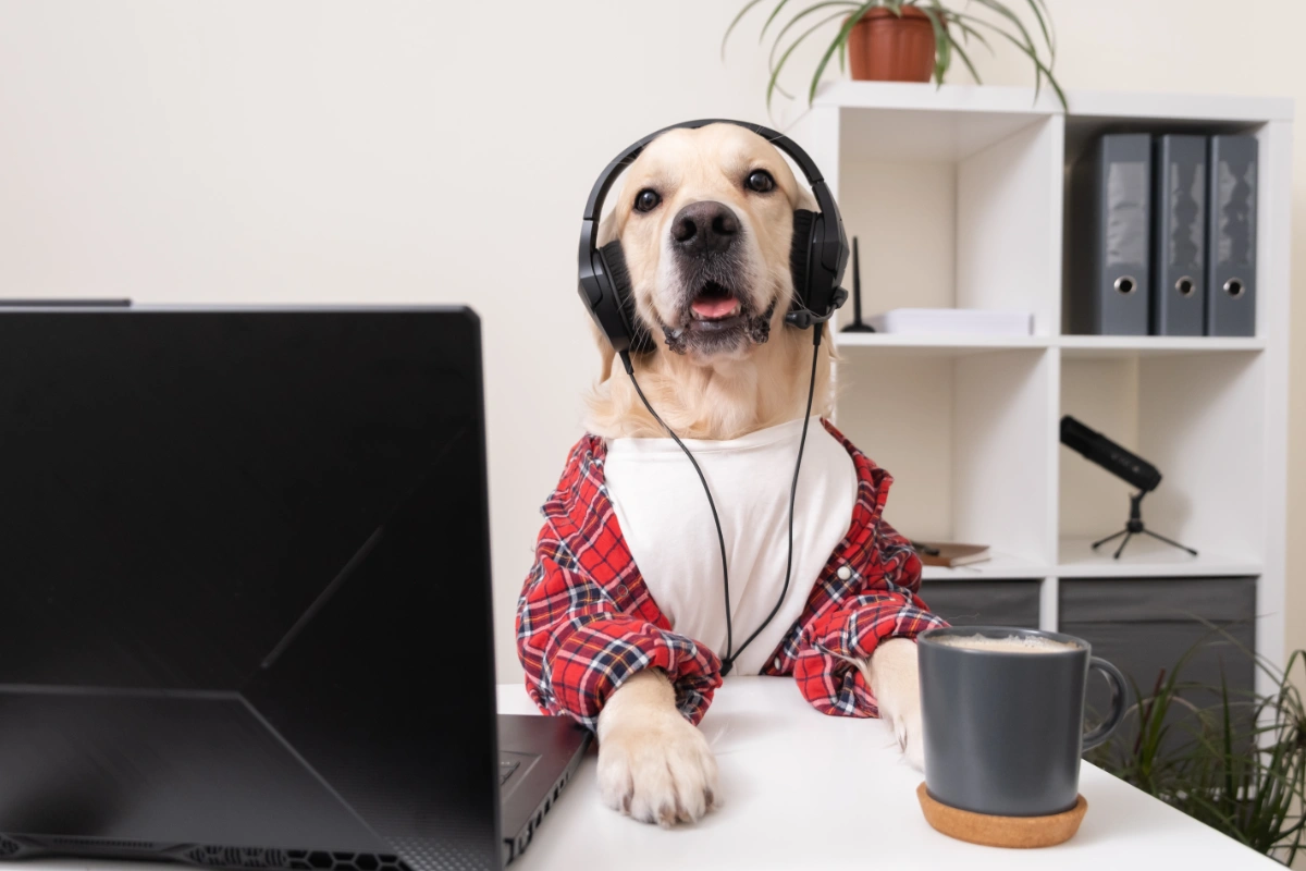 dog in a shirt and glasses is working at a laptop.