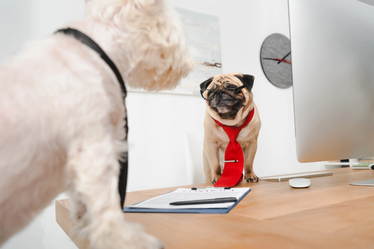 two business dogs in neckties looking at each other in office